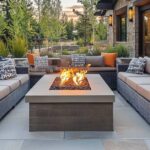 A luxurious home backyard with nice outdoor couches stationed around a fire table feature on a patio outside sliding glass doors.